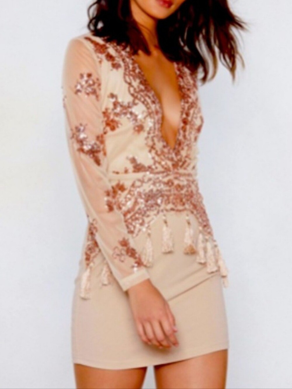 Nasty Gal Beige Embellished Tassel V-Neck Tunic